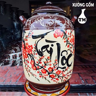 Hũ sành sứ đựng gạo, Chum ngâm rươ.u Bát Tràng Đương Đại Bát Tràng vẽ hoa đào tráng men có quai 25KG