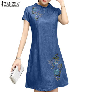 Zanzea Nữ Thời Trang Đường Phố Hàn Quốc Tay Ngắn Đứng Cổ Dài Tay Đầm Denim