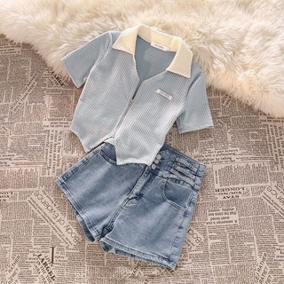 Mx2024 Hot Girl Phiên Bản Hàn Quốc Mỏng Hơn Nhìn Ngắn Dây Kéo Top Nữ Phối Ren Cao Cấp Quần Short Denim Sinh Viên Sang Trọng Phù Hợp Với MX444458