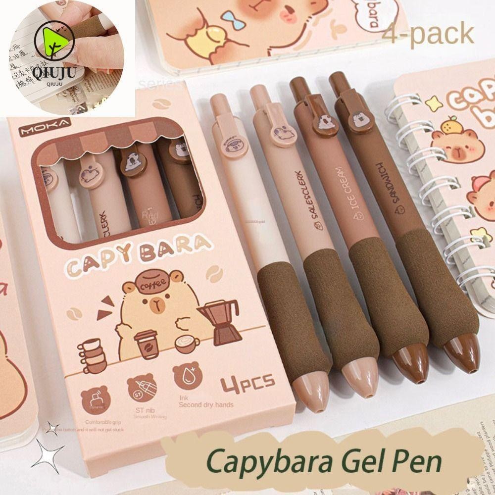 Qiuju 4 Cái / lốc Bút Xóa Được, Bút Gel Capybara Soft Touch Grip 0.5mm, Viết Văn Phòng Phẩm Giọt Nước Chuyển Màu Đen Nhanh Khô Văn Phòng