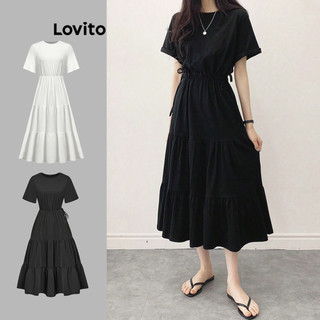 Đầm Lovito dây rút xếp tầng màu trơn thường ngày cho nữ L68ED143 (Màu đen)