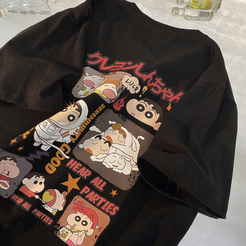 Áo phông nữ đen form rộng mùa hè local brand SALMO cổ tròn áo thun in hình cute crayon shin-chan 100% cotton Y1197