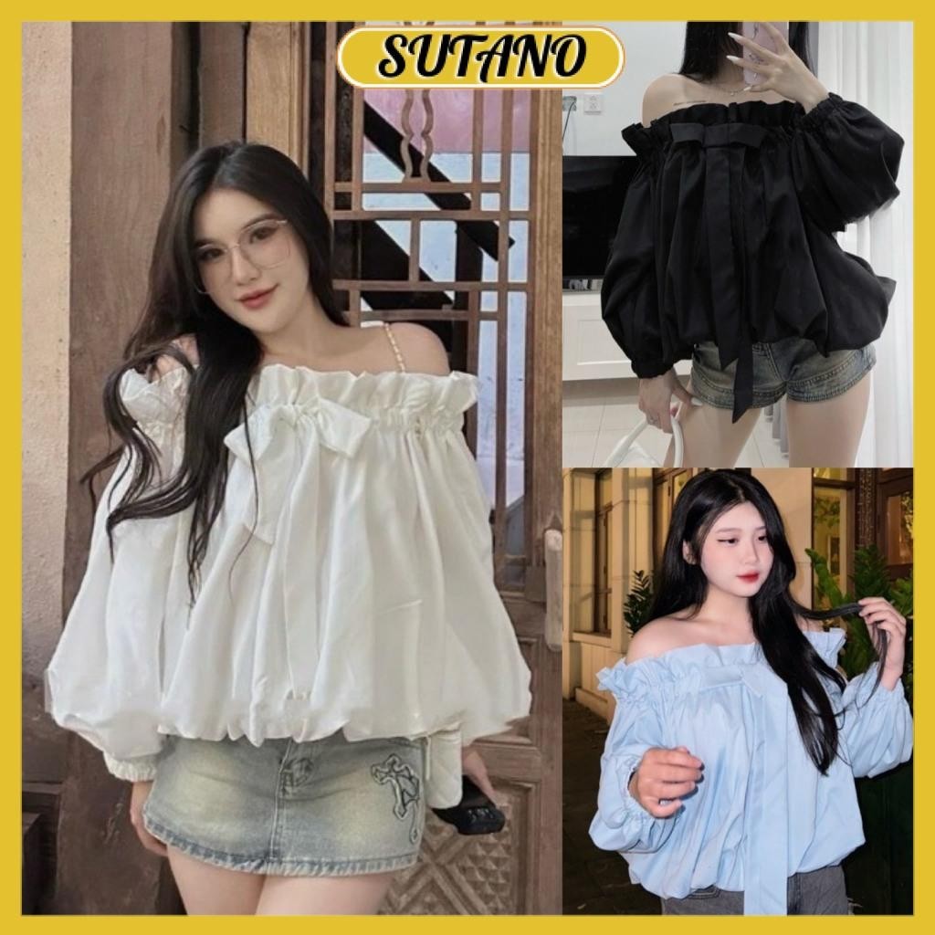 áo sơ mi trễ vai tay bồng đính nơ ngực 2 lớp dáng bí bèo tai tiểu thư A257 SUTANO