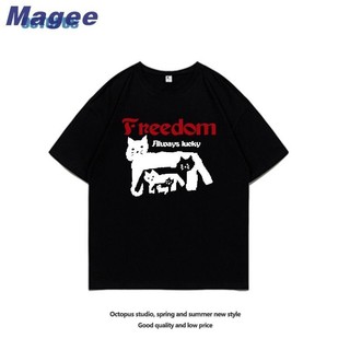 Áo thun nam mới Magee phiên bản Hàn Quốc cổ điển giản dị cao cấp cotton nguyên chất thích hợp thiết kế in hình mèo dáng rộng vừa vặn thời trang cặp đôi nửa tay áo