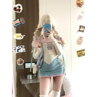  Qing / Ngực Barbie Dễ Thương Đầu Thu Màu Trơn Gấu Một Vai Váy Hông Bộ Hai Mảnh Hot Girl Suit Nữ