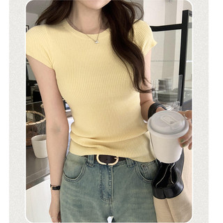 Áo baby tee Áo Coquette Tay Ngắn Áo Kiểu Nữ ôm body Phiên Bản Hàn Quốc Áo Chui Đầu Cổ Tròn Mỏng Tay Ngắn Nữ Mùa Hè 2024 Phong Cách Mới Kem Màu Vàng Phù Hợp Với