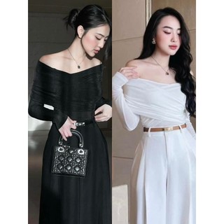 (Sẵn)Áo thun ánh kim đắp chéo trễ vai tay dài thanh lịch