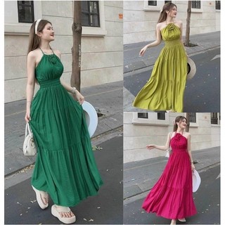 Đầm váy maxi cổ yếm đính bông bo chun eo  (có mút ngực) phù hợp đi chơi đi biển