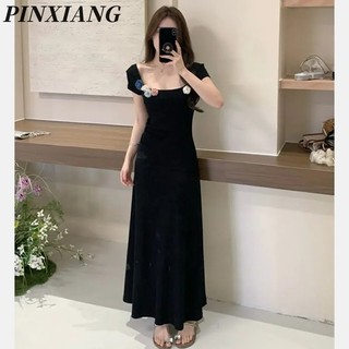 Pinxiang Váy mới dành cho nữ phong cách Pháp váy cổ vuông hoa ba chiều vừa vặn