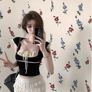 Áo baby tee Áo Coquette Tay Ngắn Áo Kiểu Nữ ôm body Áo thun nữ tay bay nhỏ thiết kế mùa hè Niche cổ vuông ren ngắn