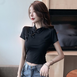 Balamy Phong Cách Trung Hoa Retro Khóa Gợi Cảm Ngắn Crop Sườn Xám Top Slim Tay Ngắn Đáy Áo Sơ Mi