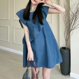 Tính khí Pháp Đầm Denim nhỏ nữ mùa hè Niche dáng rộng Váy chữ a màu xanh xù