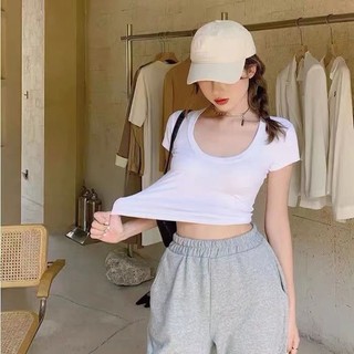 Cotton Nguyên Chất Mùa Hè Ngắn Cổ Chữ U Slim-fit Ôm Hơn Nhìn Ngắn Tay Áo Thun Nữ Thời trang Phong Cách Tất Cả @