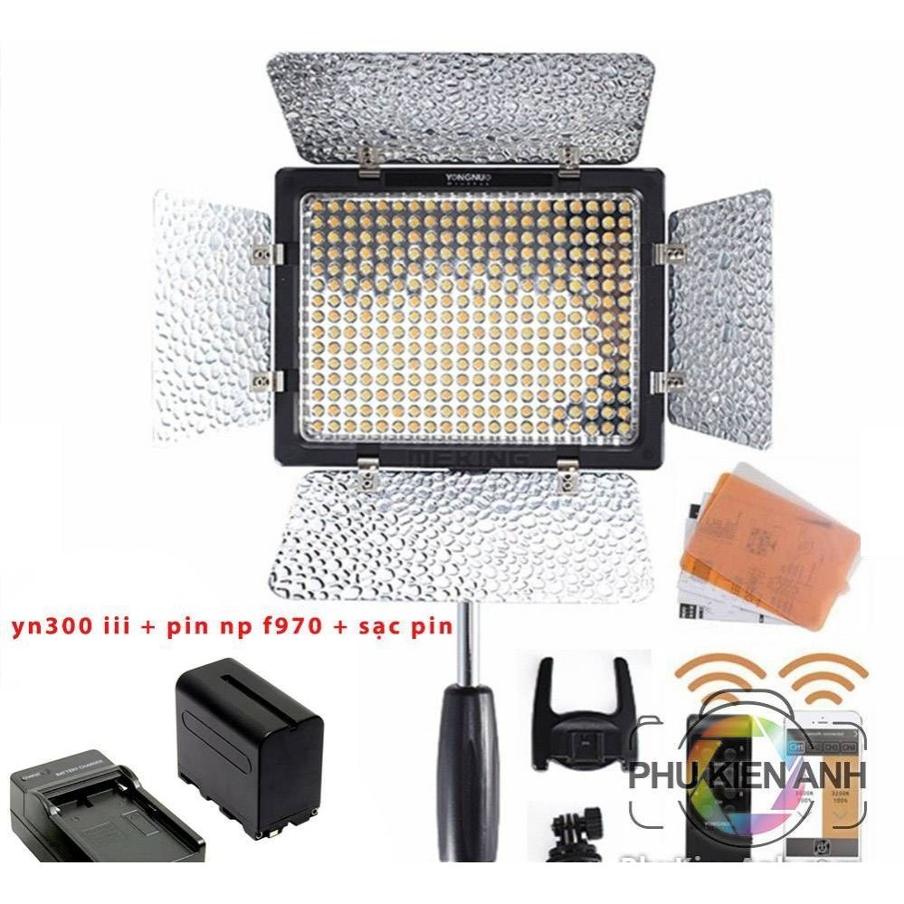 Combo đèn led Yongnuo yn 300 iii + pin NP-F970 + sạc pin + adapter không kèm chân đèn