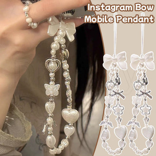 Dây chuyền điện thoại đính cườm nơ trắng Baroque - Trang trí điện thoại di động nơ ngọt ngào - Dây buộc móc khóa Y2K - Mặt dây chuyền quyến rũ hạt pha lê phong cách INS - Quà tặng cho bé gái - Đồ trang trí treo chìa khóa túi ô tô