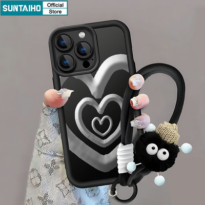 Suntaiho Dễ Thương Có Dây Buộc Bóng Lông Màu Đen Họa Tiết Tình Yêu Ốp Điện Thoại Cho Iphone 16 15 14 12 13 11 Pro Max IP 7 8 Plus Iphon X Xs XR Xs Max Silicon Mềm Cao Cấp Chống Sốc Ốp Lưng