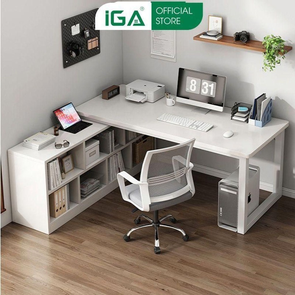 Bàn làm việc chữ L thông minh kèm kệ sách thương hiệu IGA - Gm131 bàn