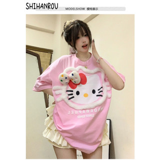 SHIHANROU áo hello kitty áo thun nữ oversize Hàn Phong Vintage Korean thời trang WTX2440LWE 15Z240412