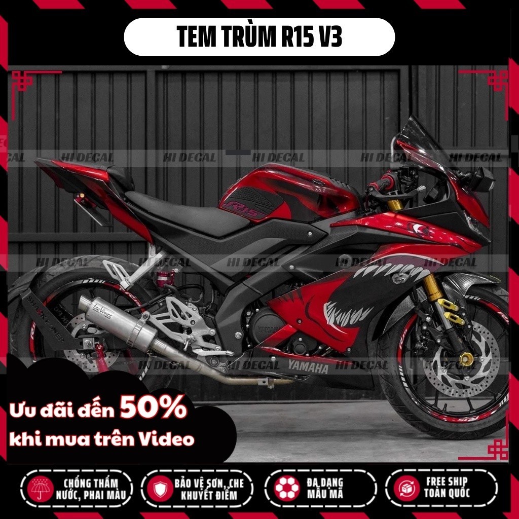 Tem trùm dán xe R15v3 cá mập màu đỏ | Mẫu R15-H022 | Decal dán xe R15 v3 chống nước, chống phai màu