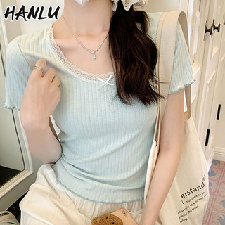 Hanlu Áo thun ngắn tay ren quyến rũ tinh khiết mới dành cho nữ thon gọn vừa vặn bên trong crop top