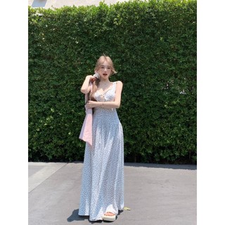 Liasynn Pháp Chấm Bi Sling Đầm Kỳ Nghỉ Đầm Dài Chấm Bi Sling Đầm Chấm Bi Chấm Bi Nguyên Chất Desire Sling Đầm Dài Dây Đầm