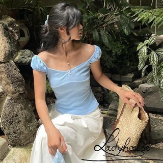 Ldd-áo Crop top mỏng ngọt ngào dành cho nữ Áo Crop top có gân chắc chắn tay áo cổ người yêu Nơ Mini Áo thun phía trước Dạo phố