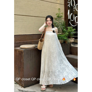 Váy maxi dập ly nơ vân CABOXIN