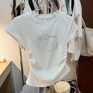 Áo thun ngắn tay nữ mùa hè phong cách mới Niche Design Sense Hello Kitty Hot Diamond Top