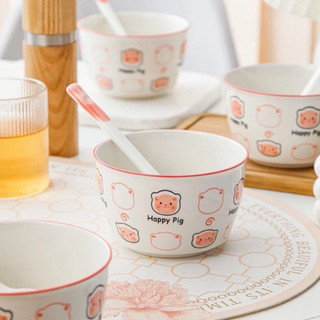 Bát sứ happy pig set 2 bát 2 thìa cho bé , set bát heo hồng đóng hộp xốp