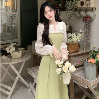Váy body dáng dài Váy đi biển Mùa Thu Phong Cách Mới Thiết Kế Cảm Giác Sang Trọng Giả Hai Mảnh Váy Búp Bê Cổ Hẹp Eo Mỏng Hơn Nhìn Tính Khí a-Line S