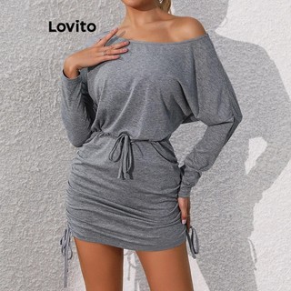 Đầm Lovito hở vai có dây rút màu trơn phong cách thường ngày cho nữ LNL53009