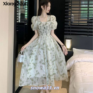 Xiang Nian Ni Phong Cách Mục Vụ Pháp Đầm Hoa Cổ Vuông Mới Giữa Chiều Dài Giảm Béo Eo-Slimming Đầm