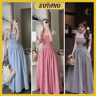 Váy maxi quây kẻ caro chun ngực dáng dài đi biển đẹp đầm quây caro lưng chun co giãn V740 SUTANO
