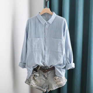 Băng Organ Xếp Ly Thiết Kế Túi Đôi Cotton Vải Lanh Áo Sơ Mi Nữ Văn Học Sang Trọng Thường Ngày Phù Hợp Với Đáy Cardigan