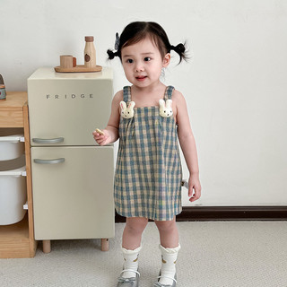 Sling Quần Áo Trẻ Em Không Tay Đầm Giữa Nhỏ Trẻ Em Mùa Hè Phong Cách Mới Thỏ Kẻ Sọc Bé Đi Chơi Phiên Bản Hàn Quốc Đầm Bé Gái Đầm Trẻ Em