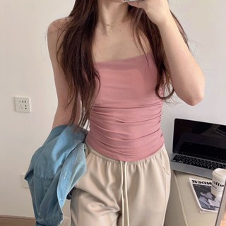 Câu Lạc Bộ Hàn Quốc Áo Ngực Phù Hợp Với Vai Mỏng Nhỏ Sling Phong Cách Mới Miếng Lót Ngực Tích Hợp Ống Top Slim-fit Xếp Ly Đáy V