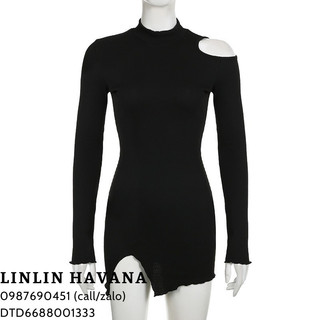 [Có sẵn] [Giá hủy diệt]  Đầm Tay Dài Màu Đen Cut Out Phần Vai From Dáng Basic
