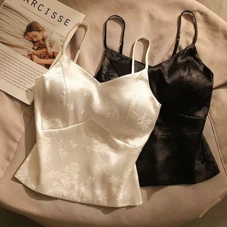 Áo sơ mi 2 dây có đệm ngực, áo thun nữ hoa lụa satin với áo crop top 2 dây đeo