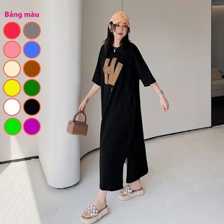 Váy thun suông nữ dài đến giữa đầu gối dáng rộng cỡ lớn lười xẻ tà in chữ HỊ lớn TTDSA0146