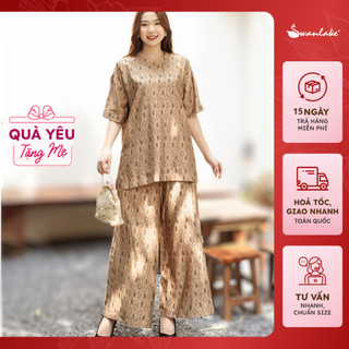  - Set Bộ Đồ Nữ Trung Niên Dáng Dài Phom Rộng Tay Ngắn Cổ Thun Vải Đũi Hàn Họa Tiết Hoa Tặng Mẹ Bà - B11300