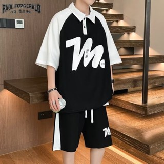 Paul FITZGERALD Bộ đồ thường ngày nam mùa hè 2024 mới in chữ cái cổ áo sơ mi POLO ngắn tay + quần short đẹp trai