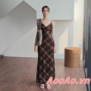 Đầm Cami Kẻ Sọc Nữ Không Tay Spaghetti Dây Đeo Bodycon Dài Cổ Chữ V