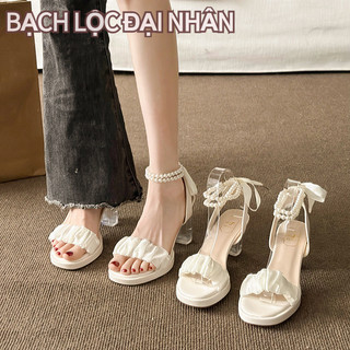 Giày cao gót nữ mới pháp tính khí nơ ngọc trai khối gót sandal nữ
