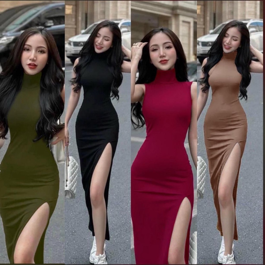 Đầm body cổ lọ sát nách xẻ đùi phom dài, tạo dáng điệu đà | BigBuy360 - bigbuy360.vn