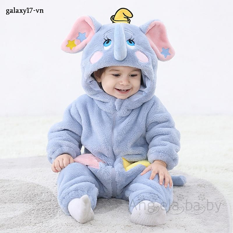 Bộ Áo Liền Quần Dài Tay Có Mũ In Hình Voi Con Đáng Yêu Cho Bé