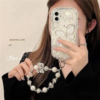 Bướm Pha Lê Trắng Có Dây Xích Laser Ốp Lưng Điện Thoại Realme C11 C12 C25 C20 5 6 7 Pro 5S 5i 7i 8 5G Vỏ Vòng Tay Trái Tim Tình Yêu Cao Cấp Trong Suốt Bìa Mềm