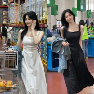 Tính Khí Pháp Cao Cấp Cảm Giác Ngọt Ngào Đơn Giản Phong Cách Cơ Bản Màu Trơn Không Tay Suspender Đầm Maxi Nữ Mới Chữ A Cao Cấp Đầm Ôm