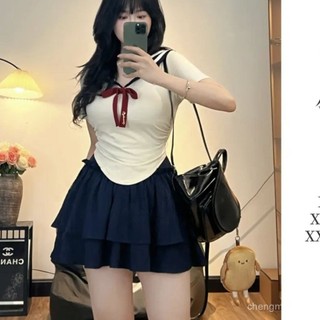 Preppy Style jk Đồng phục cổ áo hải quân Màu sắc tương phản Top Váy eo cao phù hợp với