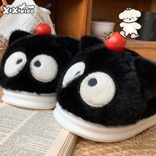 Xixitiao Giày Cotton Xấu Xí Dễ Thương Mắt To Nhỏ Mèo Đen Nữ Lông Cừu Ấm Nhà Nửa Gót Đế Mềm Lông
