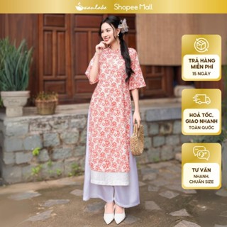 SWANLAKE | Áo Dài Tết Cách Tân Đào Viên Tà Kép Vải Linen Tưng Lót Lụa Hàn In Hoa Trung Niên - L09603